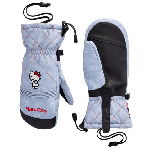 A pair of Hello Kitty branded winter mittens shown against a white background. One mitten is shown from the front, featuring a light blue and white patterned fabric, red and black trim, and a Hello Kitty graphic.