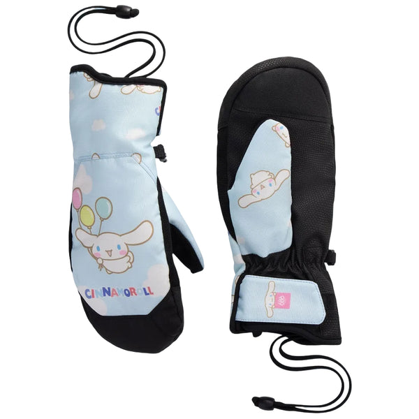 A pair of Sanrio Cinnamoroll winter mittens shown against a white background. One mitten is shown front-facing, displaying the light blue fabric with a white Cinnamoroll graphic, a pink bow, and the 'CINNAMORLL' text.