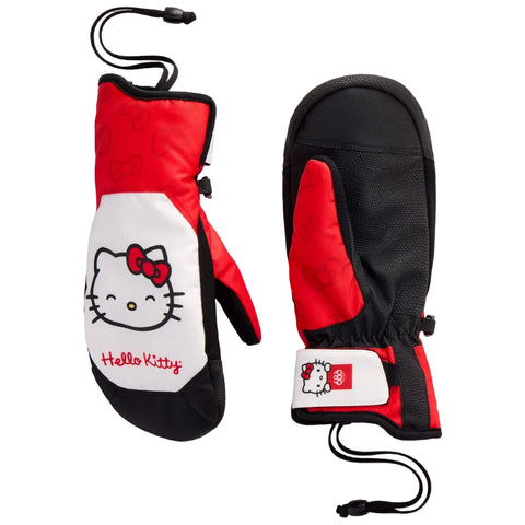 A pair of Hello Kitty winter mittens shown against a white background. One mitten is oriented to show the front with a red and white design featuring the Hello Kitty face and bow, and the other shows the back in black and red with a matching Hello Kitty wrist patch.