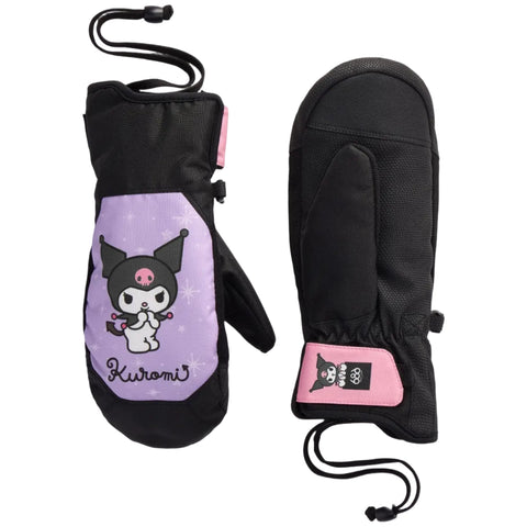 A pair of black winter mittens with Kuromi character graphics. One mitten displays the front with a lavender panel featuring Kuromi and the name 'Kuromi', while the other shows the back with a pink cuff label.