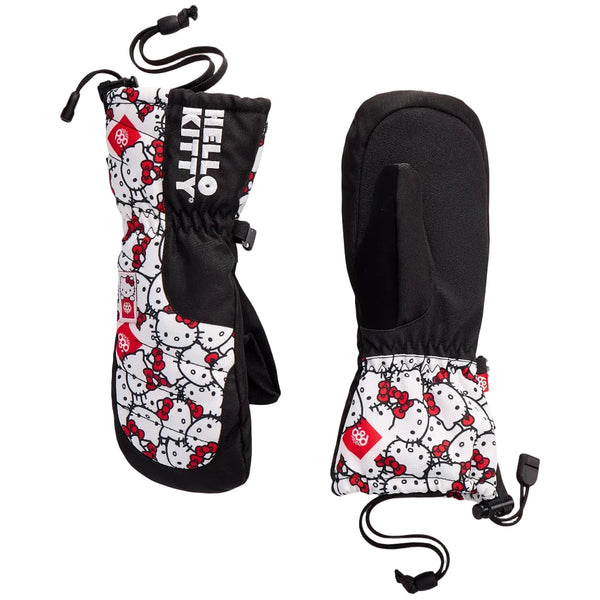 A pair of Hello Kitty winter gloves. One glove is open to display the black and white Hello Kitty patterned cuff with red bow details, and the other is closed showing the solid black inner side.