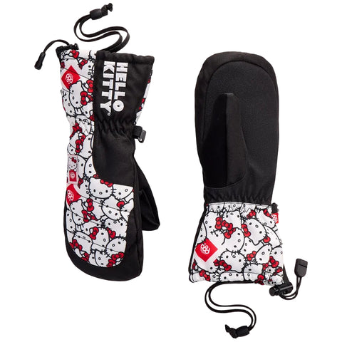 A pair of Hello Kitty winter gloves. One glove is open to display the black and white Hello Kitty patterned cuff with red bow details, and the other is closed showing the solid black inner side.