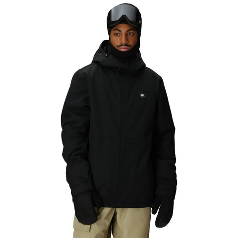 Person wearing a black jacket, goggles, and gloves on a white background