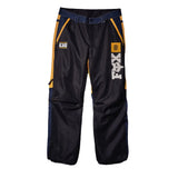 Black technical riding pants with navy blue waistband and side panels, yellow side stripe accents, a vertical white 'X-RAID' logo on the right leg, and a small white patch on the left thigh, displayed flat against a dark background.