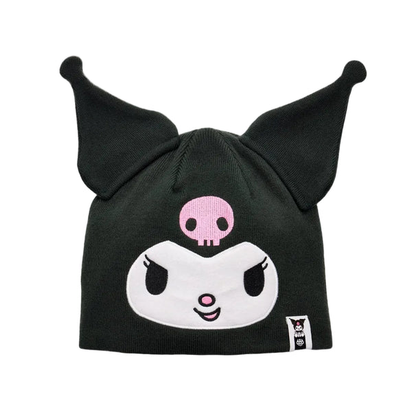 A black knit beanie featuring Kuromi's face and pointed ears