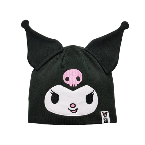 A black knit beanie featuring Kuromi's face and pointed ears