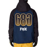 A person shown from the back wearing a dark navy and black hooded jacket with large gold '688' lettering and a white Fox logo on the back, paired with yellow pants and a yellow beanie, against a plain light beige background.
