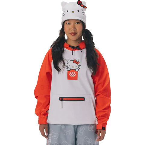 A model wearing a Sanrio Hello Kitty branded jacket, a white Hello Kitty beanie