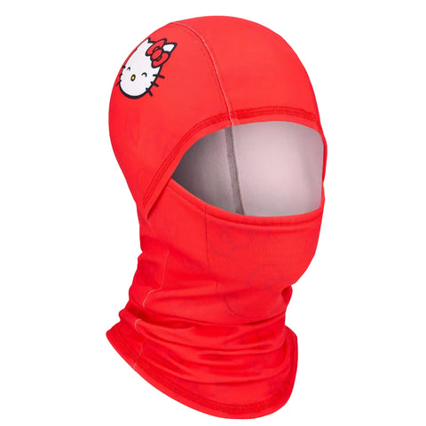 A red balaclava face covering with a Hello Kitty graphic on the forehead