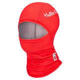 A bright red balaclava face mask with a gray inner lining, featuring 'Hello Kitty' text on the forehead and a Hello Kitty logo patch on the neck