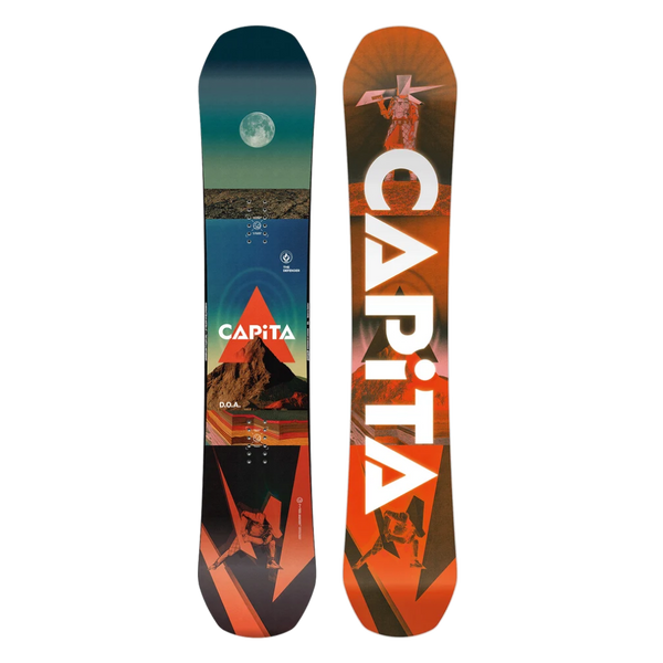 Two views of a CAPiTA snowboard shown side by side on a plain white background: the base from the front and the base from the back. The front view features a dark teal-to-orange scenic graphic with a moon and mountain, and the CAPiTA logo near the bottom.