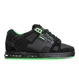 A black low-top sneaker with vibrant neon green accents on the collar lining, lace loops, midsole edge, and outsole, shown from a side profile on a white background.