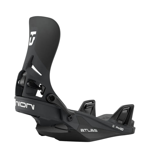 Black snowboard binding with 'Union' branding on a white background