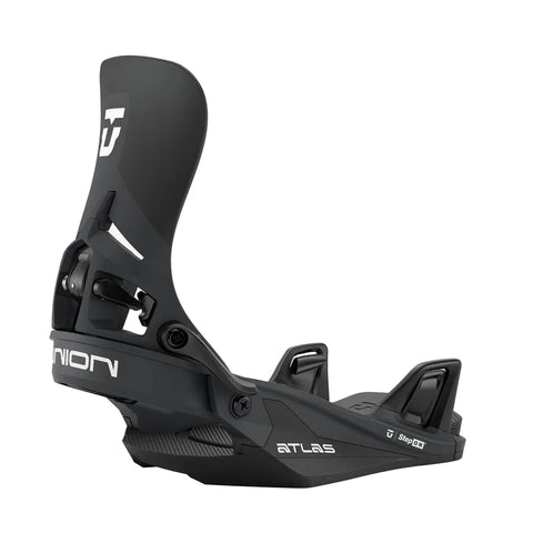 Black snowboard binding with 'Union' branding on a white background