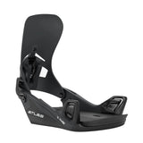 Black snowboard binding on a white background
