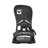 A single snowboard binding shown from the front on a light gray background. The binding is predominantly black with white branding and logo details, including the word 'UNION' on the strap and a stylized 'U' logo on the backplate.