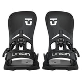 A pair of black snowboard bindings with white logo and brand name details, displayed side-by-side against a light gray background.