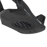 Close-up of a black and gray mechanical component with branding on a white background