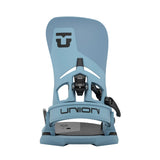 A light blue snowboard binding shown from the front on a clean white background, featuring the brand name 'UNION' and a stylized 'U' logo.