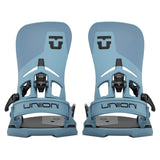 A pair of snowboard bindings in a dusty light blue color with black and white details, shown from the front against a light gray background. The brand name 'UNION' is clearly visible on the straps.