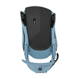 Blue and black snowboard binding on a white background