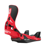 Red and black snowboard binding with visible branding on a white background