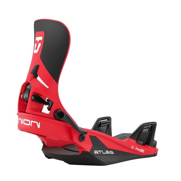 Red and black snowboard binding with visible branding on a white background