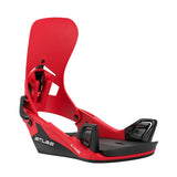 Red and black snowboard binding on a white background