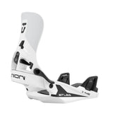 White snowboard bindings with black accents on a white background