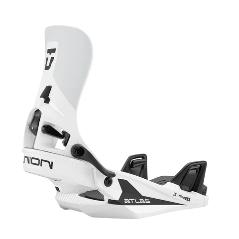White snowboard bindings with black accents on a white background