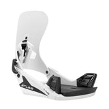 White and black snowboard binding with 'Atlas' branding on a white background