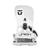 White snowboard binding with Union logo on a white background
