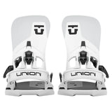 A pair of white snowboard bindings with black details and the brand name 'UNION' printed on the straps, shown against a white background.
