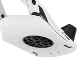White ceiling fan with black blades on a white background