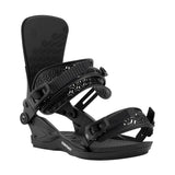 Black snowboard binding on a white background