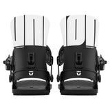 A pair of black and white snowboard bindings shown from the front against a light gray background. The bindings feature a prominent white graphic on the top with black vertical stripes and the word 'CONTACT' printed in white on the black lower section.