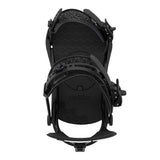 Black snowboard binding on a white background