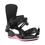 Black snowboard binding on a white background