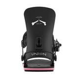 Black snowboard binding with pink accent on a white background