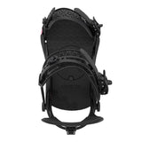 Black snowboard binding on a white background