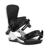 Black and white snowboard binding on a white background