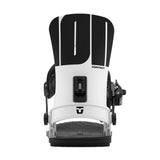 White and black snowboard binding on a light gray background