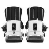 A pair of snowboard bindings shown from the front on a light gray background. The bindings are primarily white with black graphics and black adjustment hardware.