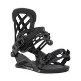 Black snowboard binding on a white background