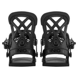 Two black Union snowboard bindings on a white background