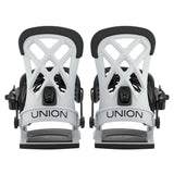 A pair of UNION snowboard bindings shown from the back, featuring a grey design with black footbeds and black adjustment hardware, set against a white background.