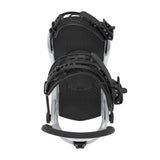 A single snowboard binding shown from a top-down view against a clean, white background. The binding features a grey plastic shell with prominent black straps and padding.