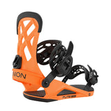 An orange and black snowboard binding shown from a three-quarters angle on a white background. The brand 'UNION' is visible on the side of the base.