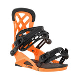 Orange and black snowboard bindings on a white background