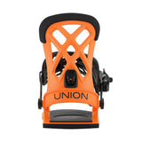 Bright orange and black UNION snowboard binding shown from the back on a light gray background.